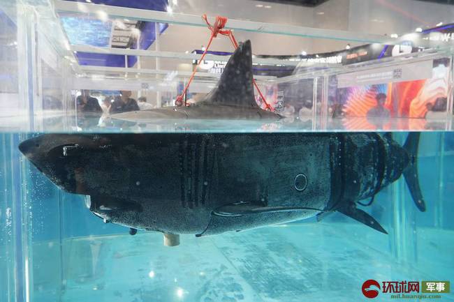 这具仿生机器鲨鱼的大小与真正的鲨鱼相当，放在一个巨大的水缸内进行展示。据悉，这是一款以鲨鱼为原型的高航速、大载荷、低噪音的远洋仿生树下机器人平台。能够执行监测、追踪、搜寻、侦察等多种任务。