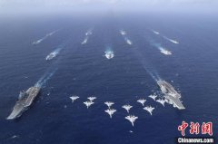 中国海军辽宁舰、山东舰编队首次开展双航母编