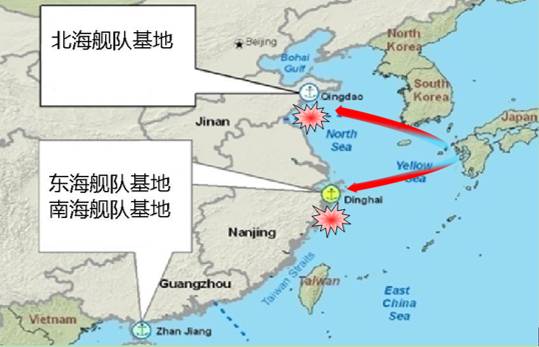 战斧导弹对北海和东海海军基地的威胁示意